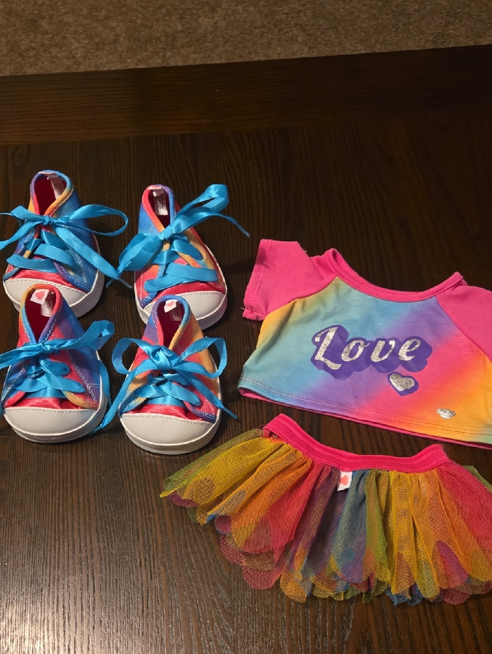 Build-A-Bear Rainbow 'Love' Outfit with Pink Accents and Blue Ribbon Sneakers